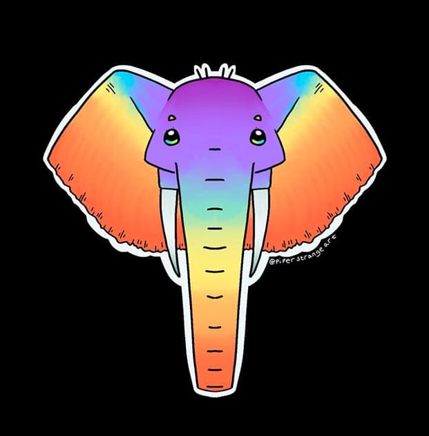 An illustration of an elephant painted in tie dye colours