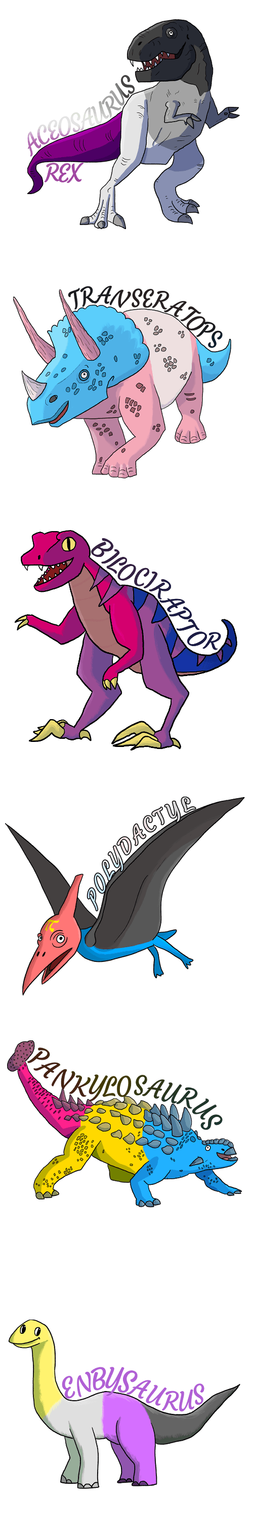 4 images of dinosaurs themed after the LGBT pride flags.