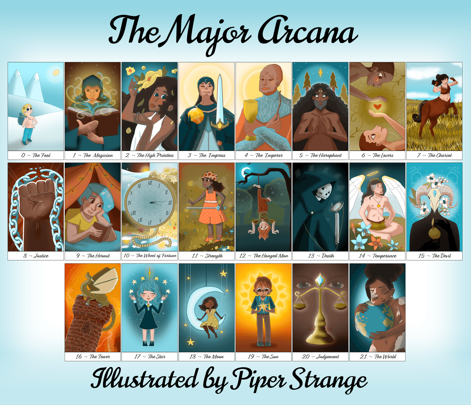 An image showing the Major Arcana tarot cards designed by Piper